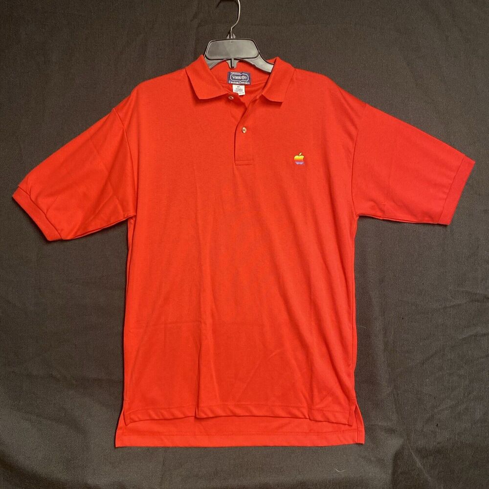 Apple Computer Employee Red Polo Shirt Rainbow Apple Logo Vintage 1990s Med